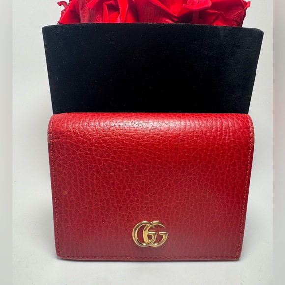 SOLD Gucci Pebbled Calfskin GG Marmont Card Case Wallet Hibiscus Red - Picture 1 of 15